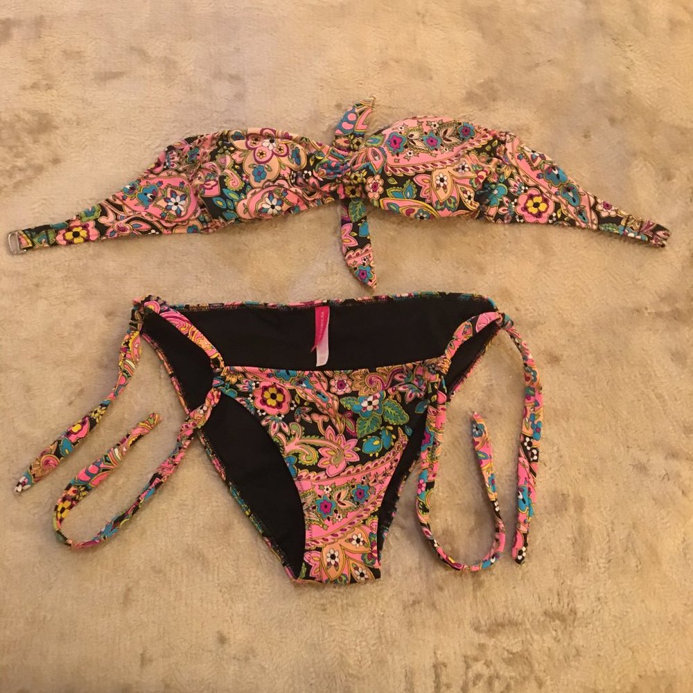 Victoria's Secret black with pink blue and yellow flowers 2 piece bikini Size M